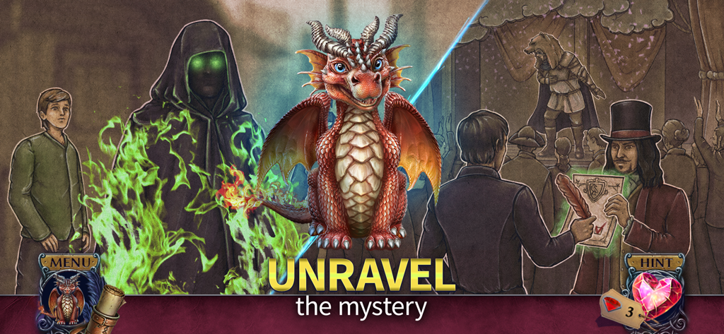 Sparkle of Talent (F2P) - A small red dragon centered between a mysterious hooded figure in green flames and a man in a top hat with the text Unravel the mystery