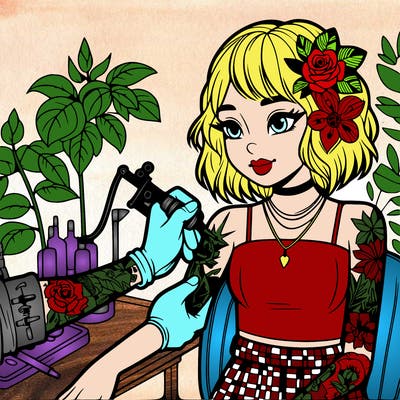 realistic girl giving herself  tattoo