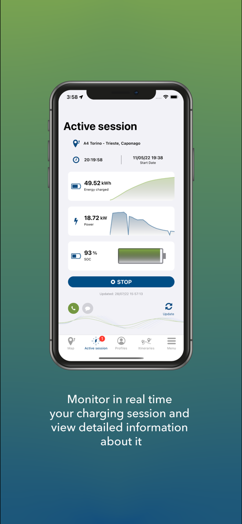 evway - Car Navigator eMX - Real-time monitoring of an electric vehicle charging session in the evway app showing energy charged and state of charge.