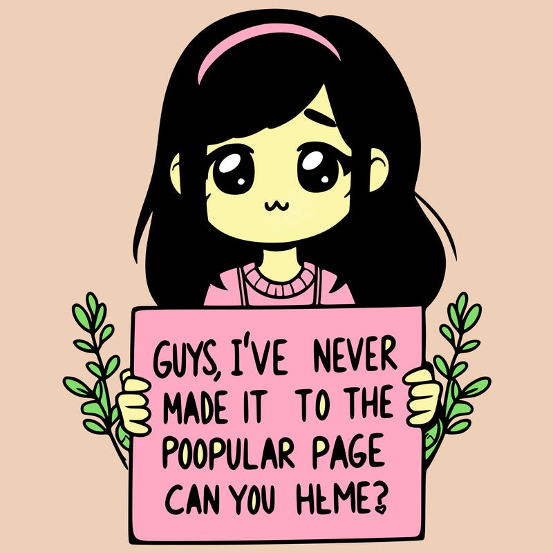 a girl holding up a sign that says, guys, i’ve never made it to the popular page, can you help me?