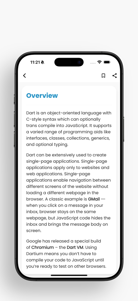 Learn Flutter and Dart - Overview of the Dart programming language in the Learn Flutter and Dart app
