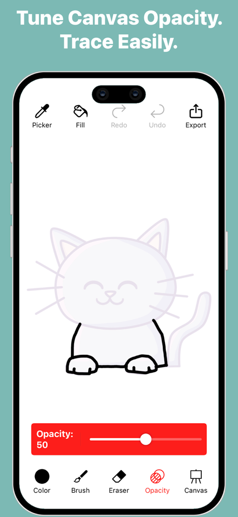 Trace and Sketch -Easy Drawing - Interface of Trace and Sketch app showing a cat drawing being traced with an adjustable opacity slider
