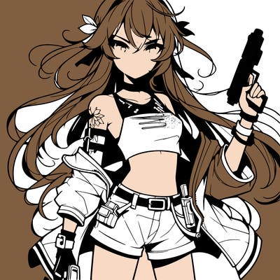 bad girl wearing crop top holding a gun long hair anime