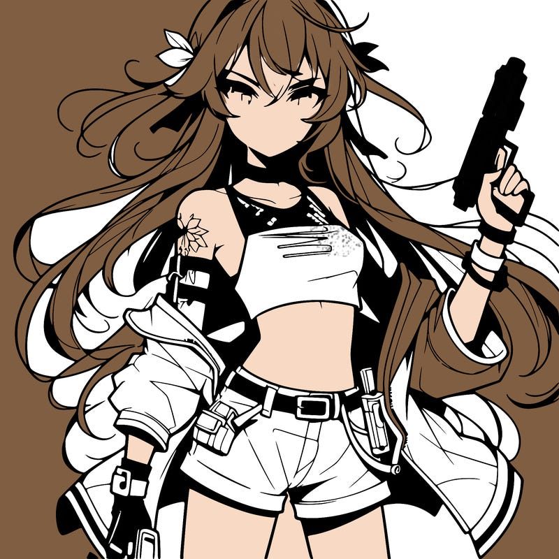 bad girl wearing crop top holding a gun long hair anime