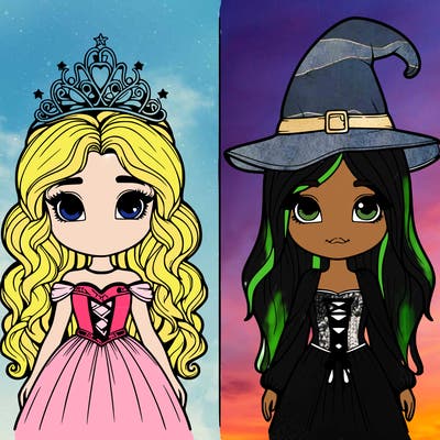 two realistic girls one princess one witch