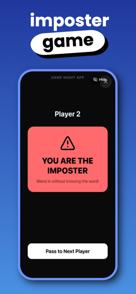 Pantalla móvil que muestra el rol asignado de impostor en el juego de fiesta Game Night.