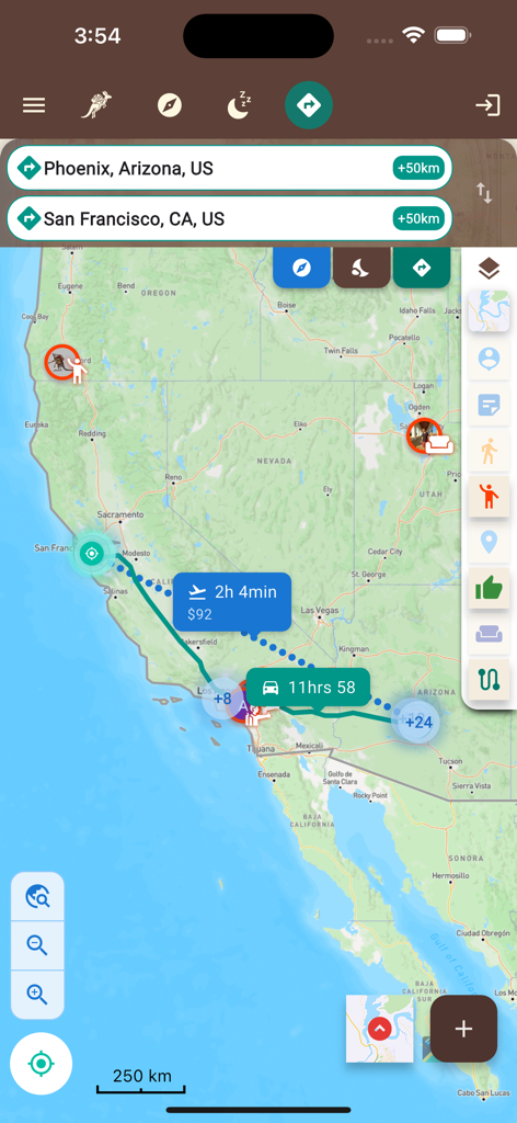 Interfaz del mapa de la aplicación Trip Hopping mostrando opciones de vuelo y conducción entre Phoenix y San Francisco.