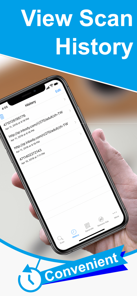 A mobile phone screen showing a list of saved scan history results in a QR code reader app
