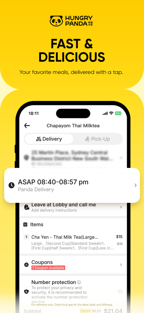 HungryPanda熊猫外卖 - Página de pago de la aplicación HungryPanda que muestra los detalles de la entrega de té con leche tailandés