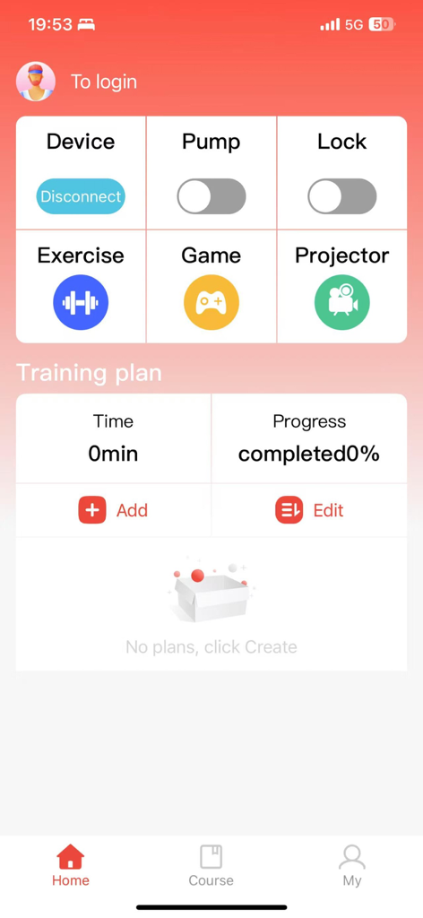 UniGym app home dashboard showing smart gym device controls and training progress tracker