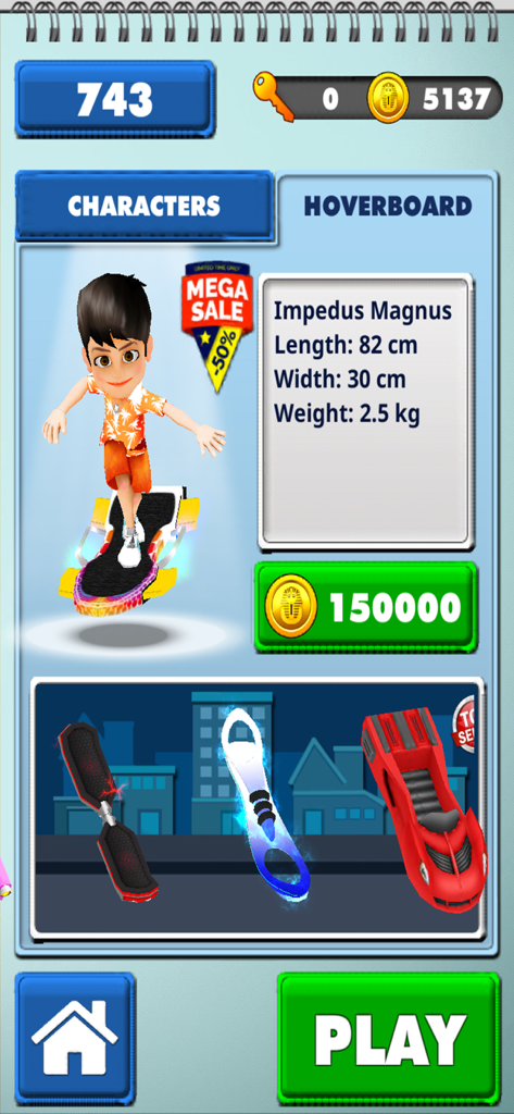 Street Runner – Endless Runner - Character previewing a hoverboard in the Street Runner customization menu