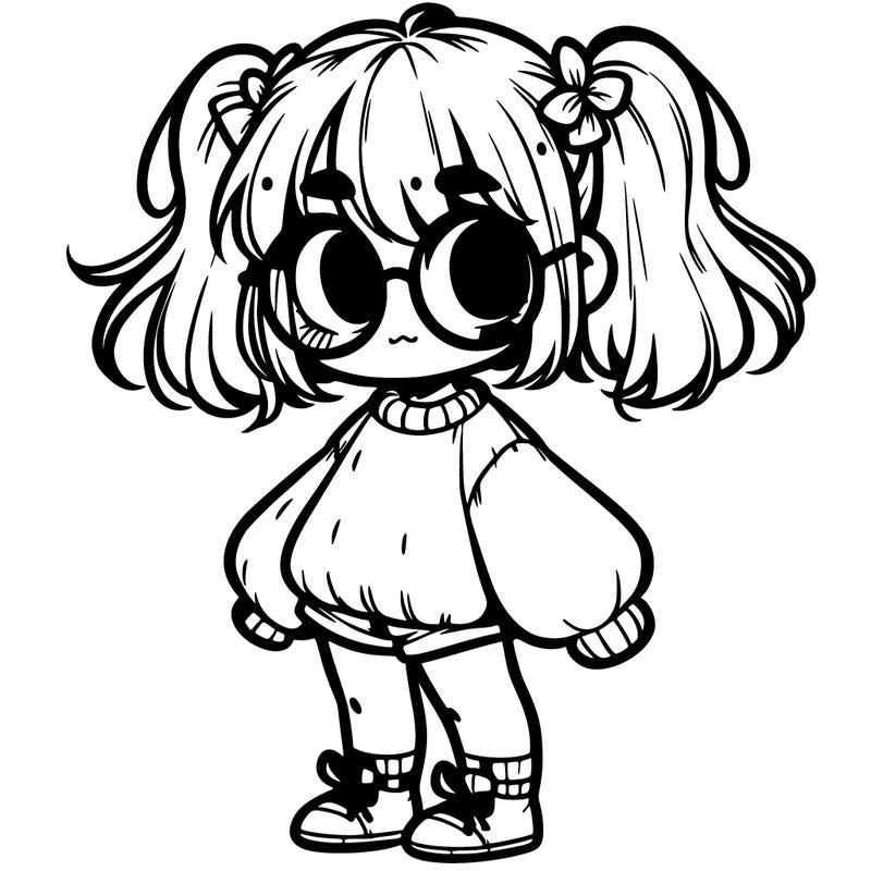 a girl with a shoulder length haircut with glasses and a big fuzzy sweater on with big eyes and tiny shorts with no shoes