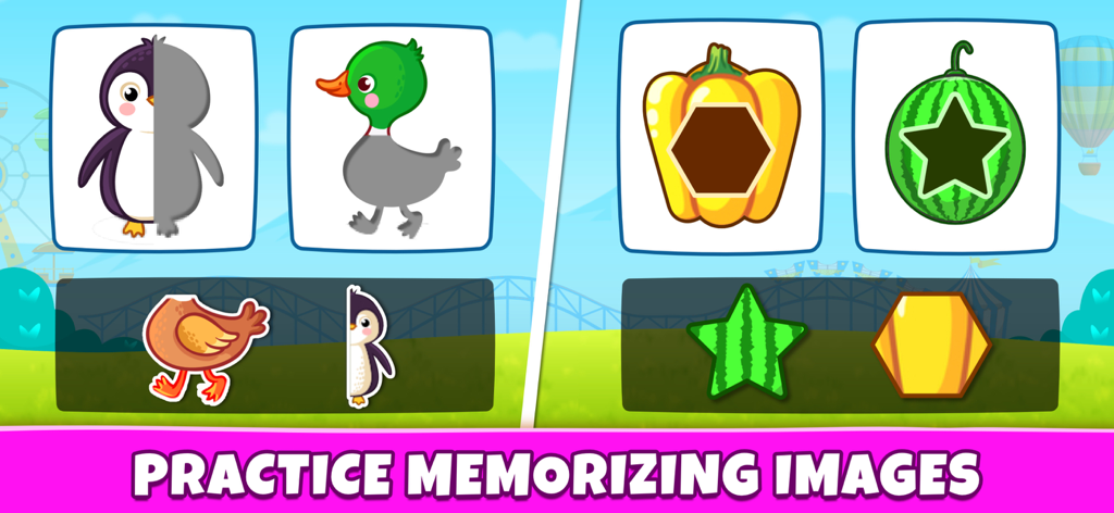 Preschool educational game screen showing animal matching and shape recognition puzzles for toddlers.