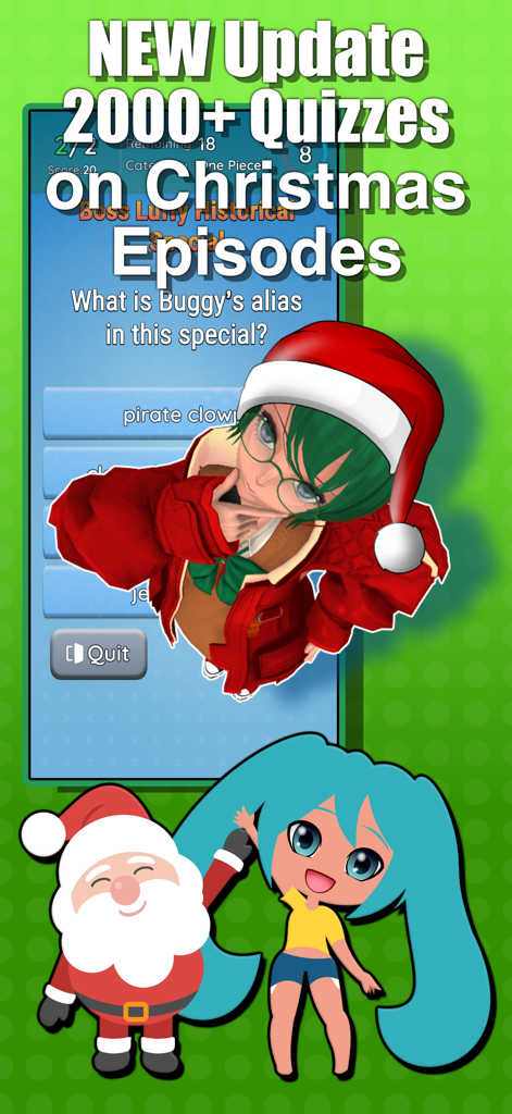 Anime Quiz Party - A screenshot of Anime Quiz Party featuring a Christmas update with 2000 new quizzes and characters in Santa hats