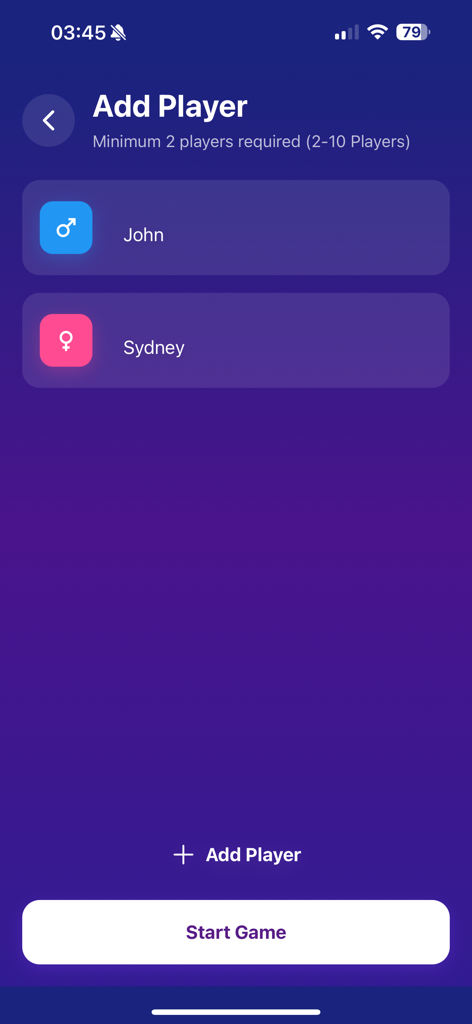 Screenshot della schermata Aggiungi Giocatori nell'app Verità o Sfida per feste, che mostra i nomi dei giocatori John e Sydney.