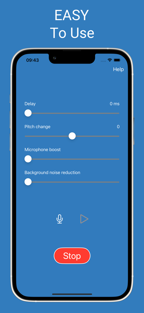 Interface of DAF Pro app showing adjustable settings for speech therapy including delay pitch and noise reduction