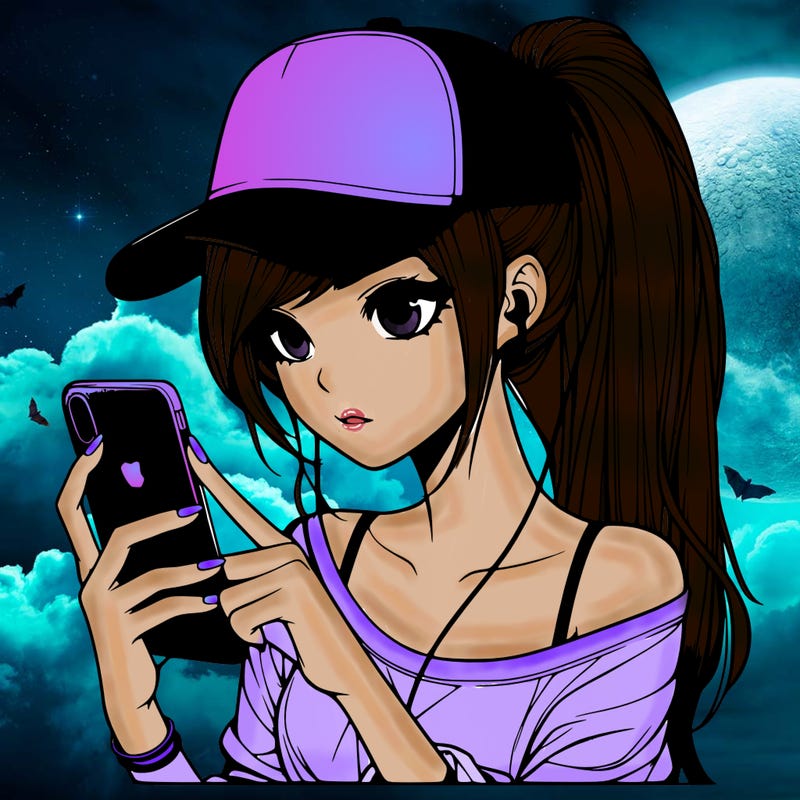 realistic girl with a long ponytail and trucker hat holding an iphone