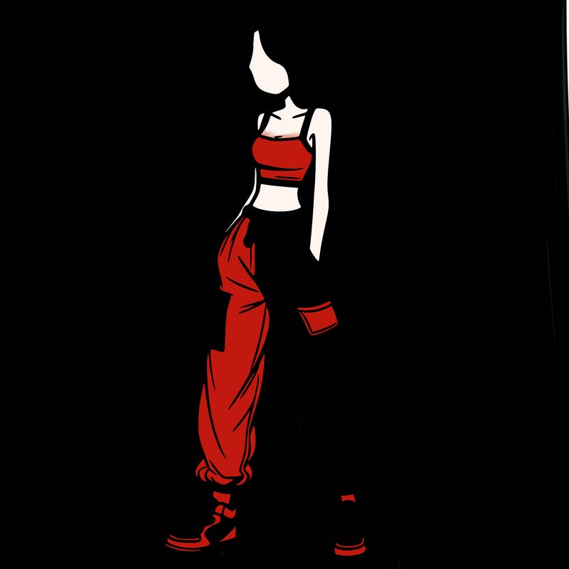 girl in baggy pants crop top and long hair