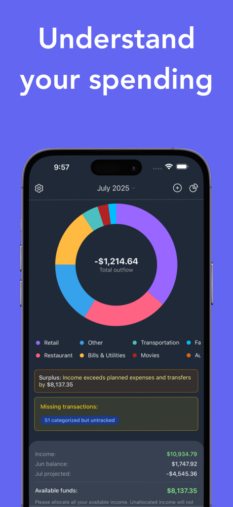 Skwad: Privacy-First Budgeting - A mobile screenshot of Skwad app showing a colorful donut chart of monthly spending categories including retail and utilities.