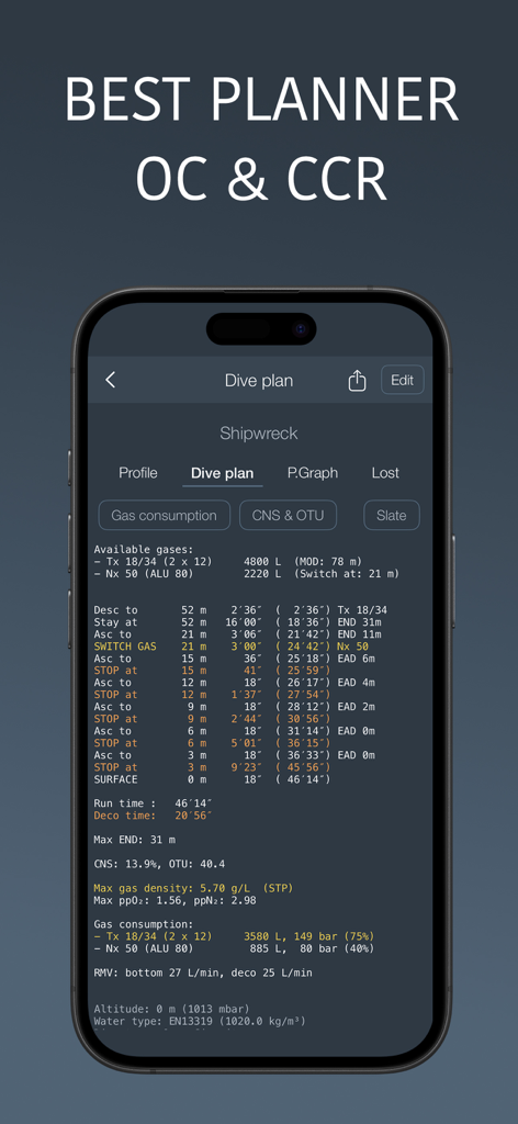 Technical dive plan screen in Deep Tools app showing decompression stops and gas consumption for a shipwreck dive.