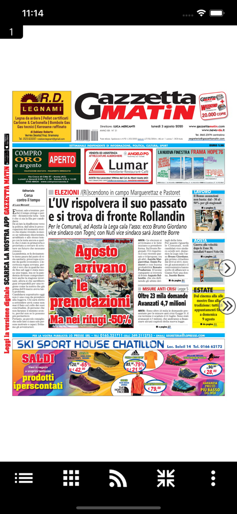 Gazzetta Matin - Valle d'Aosta - Front page of the Gazzetta Matin digital newspaper showing local news and advertisements for the Aosta Valley.
