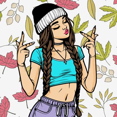 realistic teenage girl with braids and a beanie and crop top doing 🫶🏼