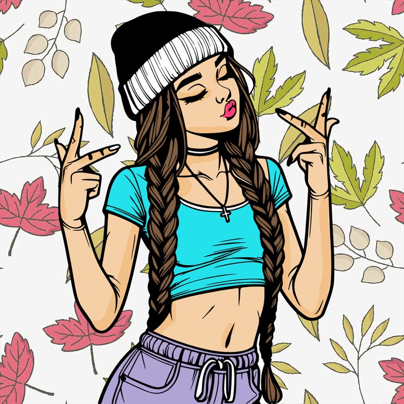 realistic teenage girl with braids and a beanie and crop top doing 🫶🏼