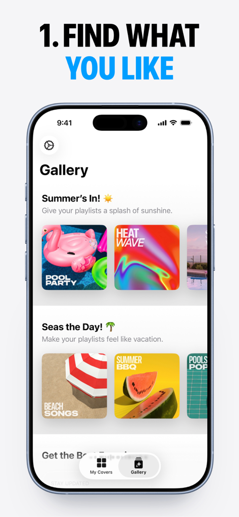 Denim - Playlist Cover Maker - Écran de la galerie de l'application Denim affichant des options de pochettes de playlists esthétiques.