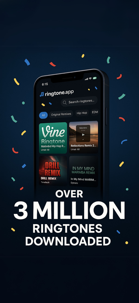 Marimba Ringtone Remixes - Marimba Ringtone Remixes app interface on an iPhone displaying over 3 million ringtones downloaded