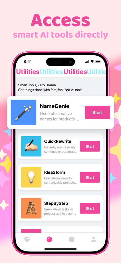 Slorp - Fast Talk & Chat - Oberfläche der Slorp-App, die KI-Utility-Tools wie NameGenie und QuickRewrite anzeigt.