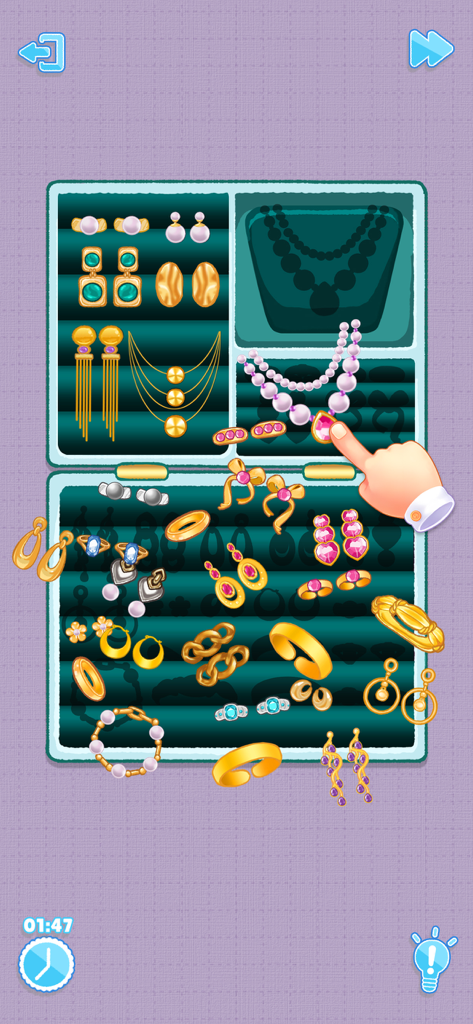 Tidy Up: Perfect Games - A person organizing a jewelry box with gold and pearl earrings and necklaces