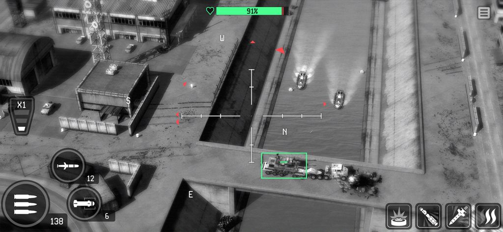 War Drone: 3D Shooting Games - Vue aérienne en vision thermique d'un drone ciblant des véhicules sur un pont