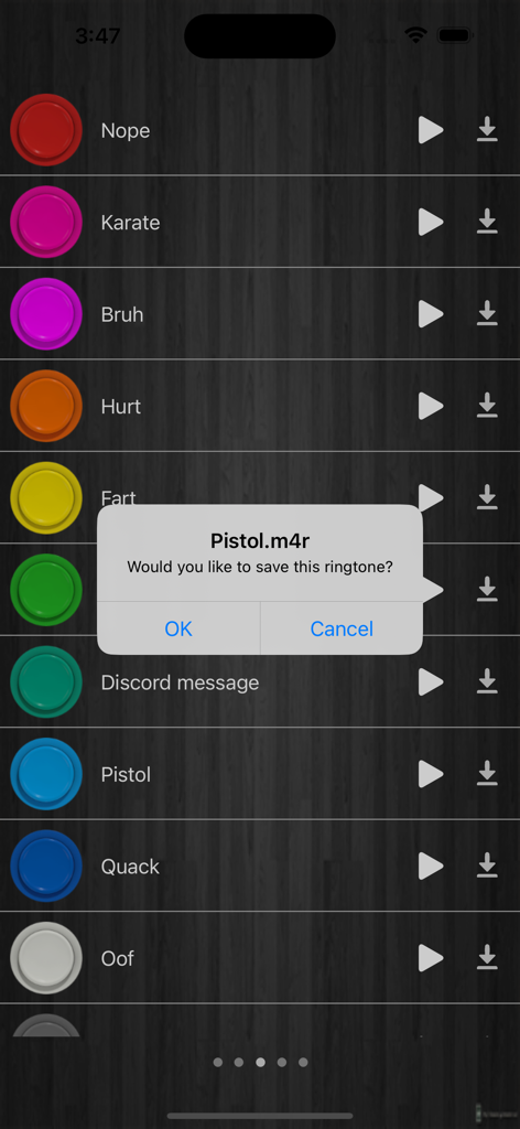 Interface do aplicativo Funny Sounds Sound Board mostrando uma lista de efeitos sonoros e uma caixa de diálogo pop-up para salvar um som como toque.