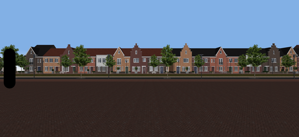 VR Creator - A 3D architectural model of a row of brick houses rendered in the VR Creator app