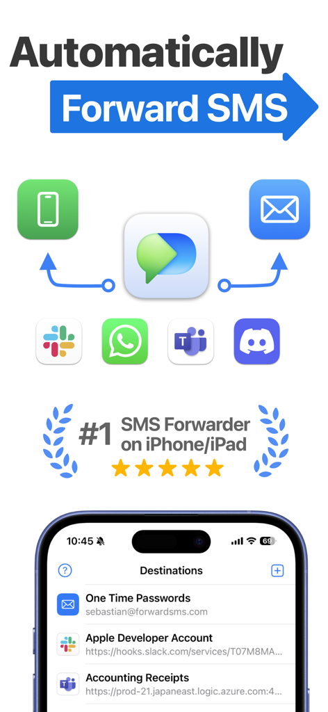 SMS Forwarder: Forward SMS - SMS Forwarder app interface showing automatic SMS routing to Slack Email and Microsoft Teams