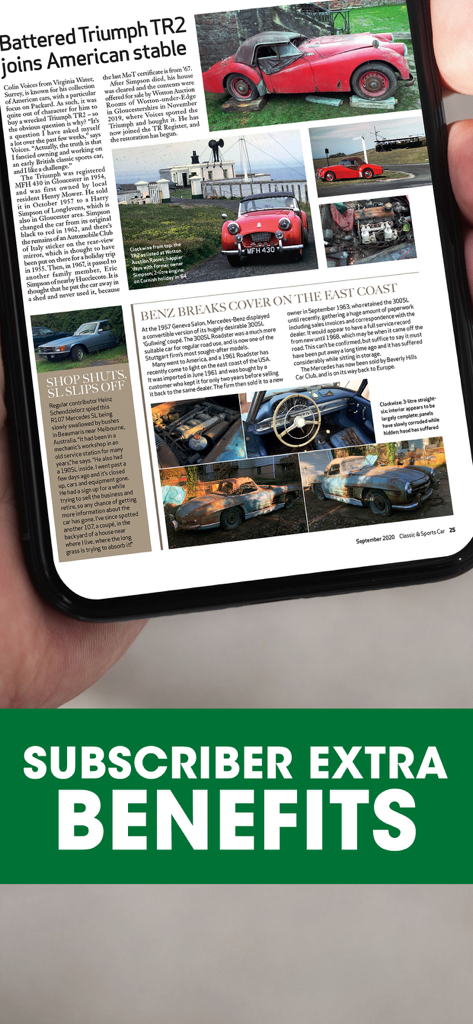 Classic & Sports Car - Smartphone screen displaying classic car articles and subscriber benefits in the Classic and Sports Car app