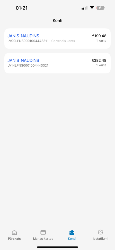 Pasts Pay - Pasts Pay mobile app screen displaying multiple accounts with balances in Euros and IBAN numbers.