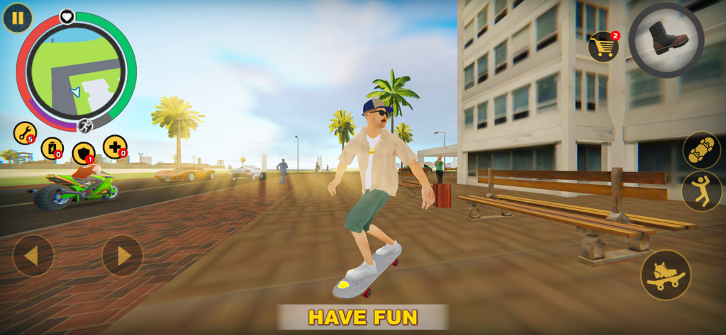 Miami Crime Simulator - A character riding a skateboard in the sunny open world environment of Miami Crime Simulator