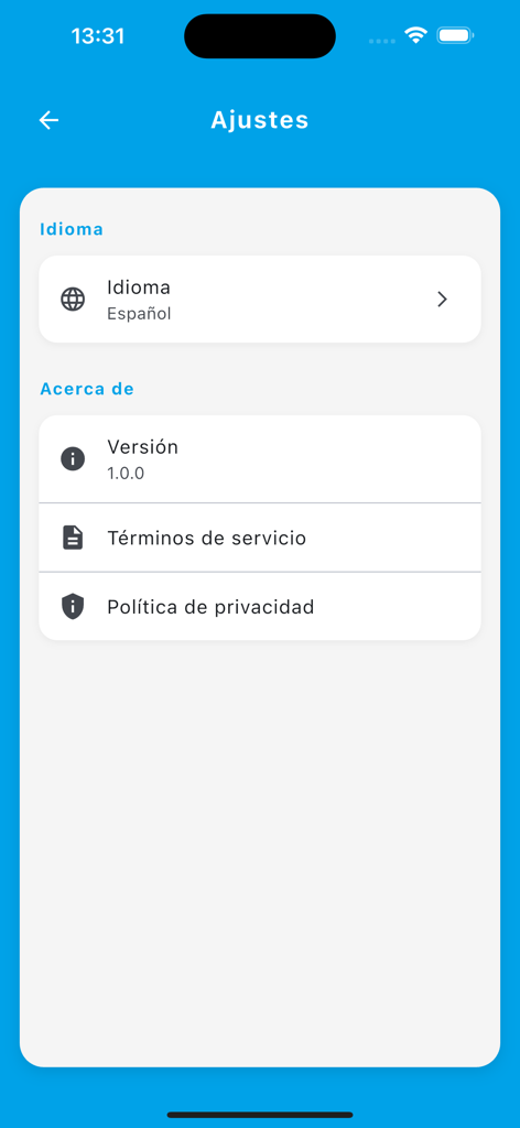 Macro de las Bolitas Azules - Écran des paramètres de l'application Macro de las Bolitas Azules montrant les options de langue et les informations de version.