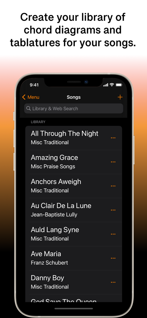 Aplicación móvil SongFolio que muestra una lista de canciones en la biblioteca de música