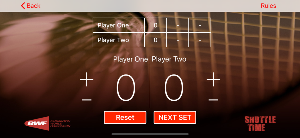 Interface de placar digital para uma partida de badminton no aplicativo BWF Shuttle Time