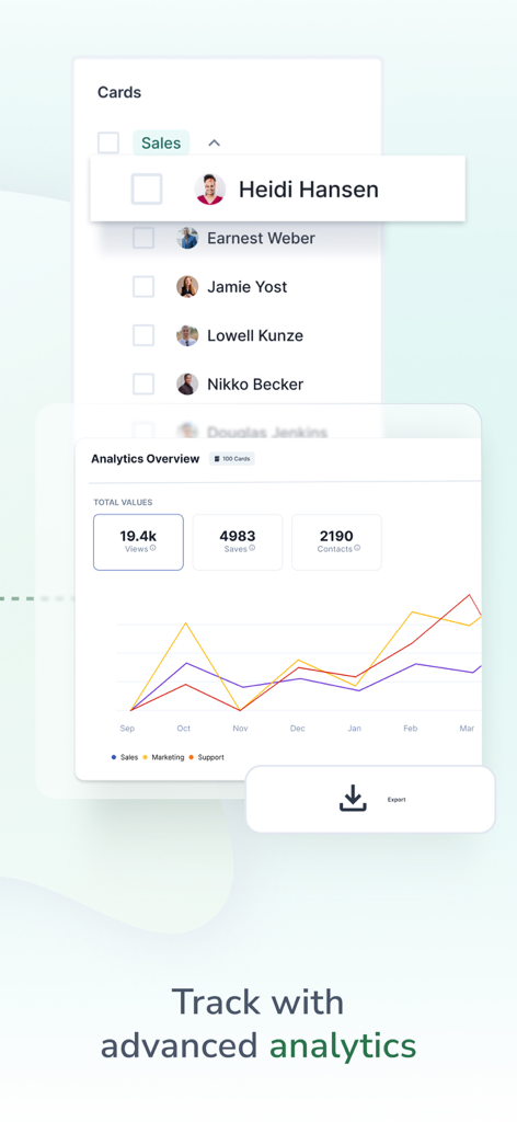 Tableau de bord de l'application HiHello montrant des analyses des vues, des enregistrements et des contacts des cartes de visite numériques.