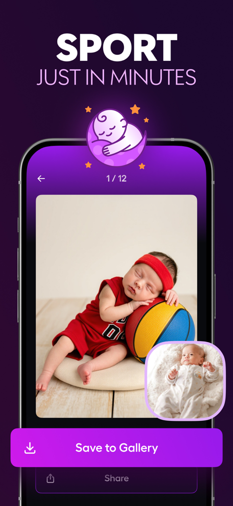 バスケットボールを立てかけているバスケットボールジャージを着た赤ちゃんのAI生成写真を表示する携帯電話。