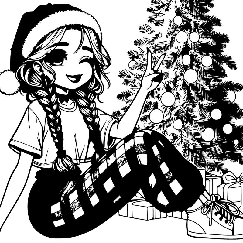 cute realistic sabrina carpenter like, teenage girl near a christmas tree in braids christmas hat on cute checkered, black and red pajama pants, lazy white t-shirt, sitting down eyes closed smiling and doing ✌️