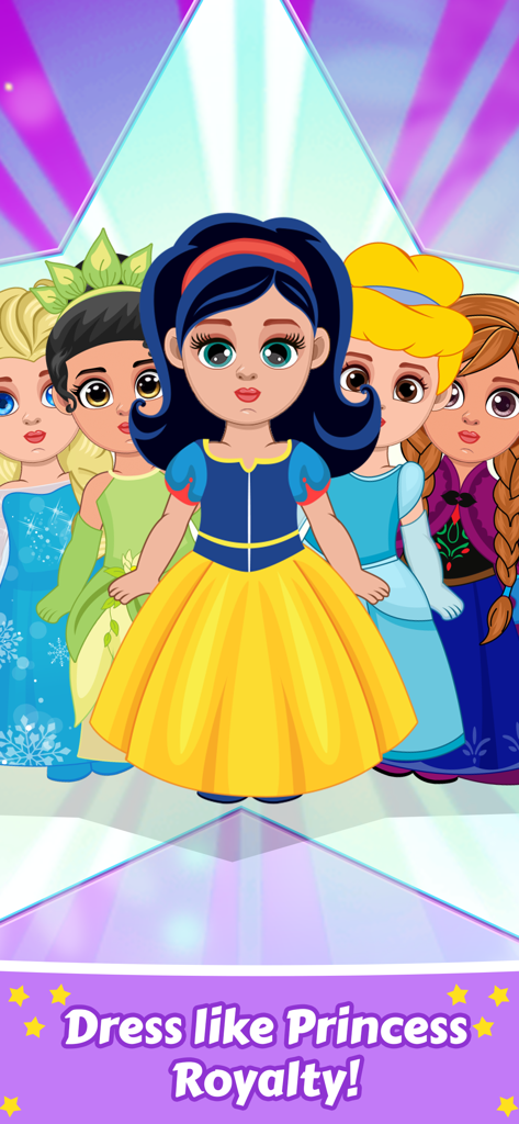 Chibi Doll Dress Up Makeup - Un grupo de cinco muñecas Chibi vestidas con varios atuendos de princesa, incluyendo un vestido amarillo y azul y un vestido de hielo azul