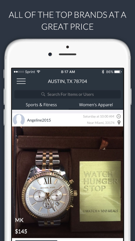 Captura de pantalla de la aplicación SocialSell mostrando un reloj Michael Kors a la venta en Austin Texas