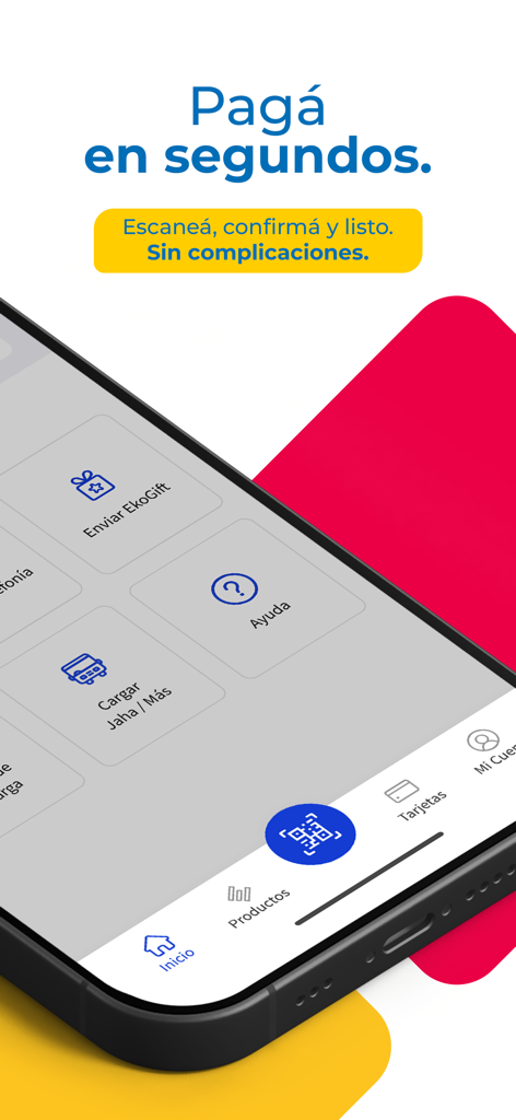Eko Paraguay - Interfaz de la aplicación móvil Eko Paraguay mostrando la opción de escaneo de pago por código QR y el menú de navegación.
