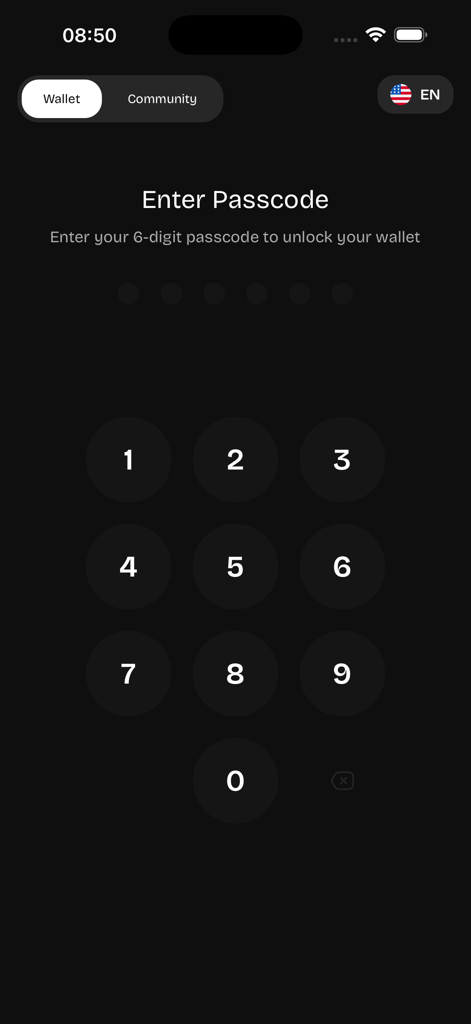Celia Wallet - Security screen of Celia Wallet asking for a six digit passcode