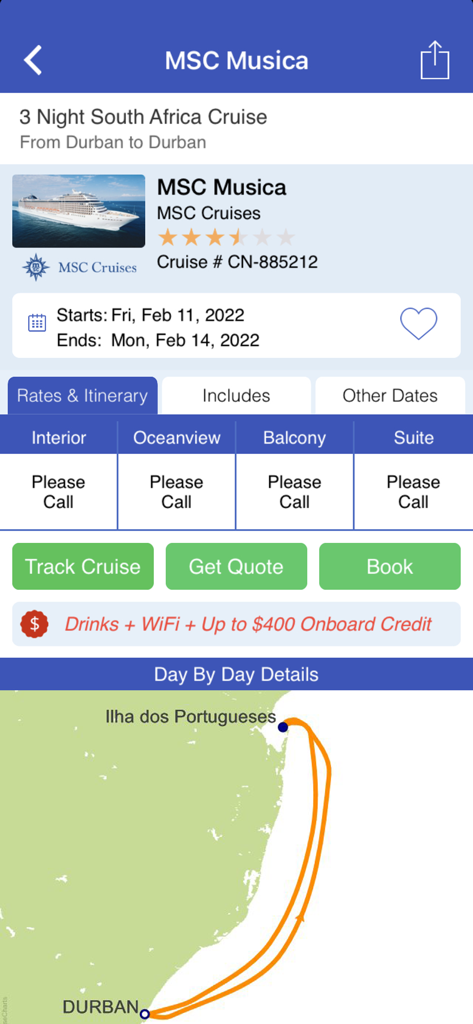 Cruise Finder by iCruise.com - Detailed itinerary and route map for an MSC Musica South Africa cruise on the Cruise Finder app