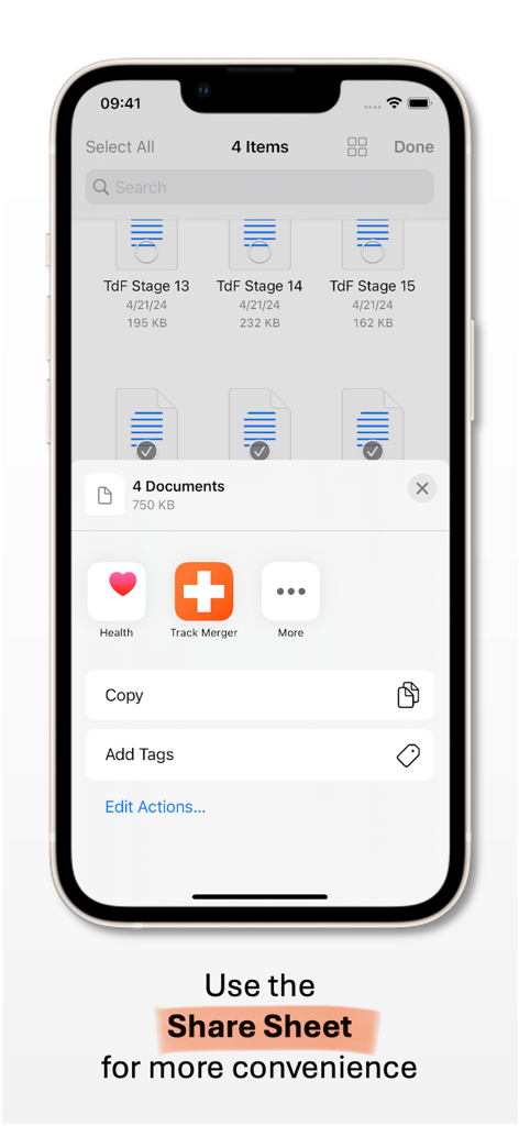 Track Merger - iPhone screenshot demonstrating the use of the iOS share sheet to select and import multiple fitness track files into the Track Merger app.